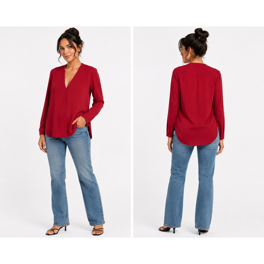 NIC+ZOE Tunic Blouse Womens XS Red V-Neck Long Sleeve Pleated Career Top